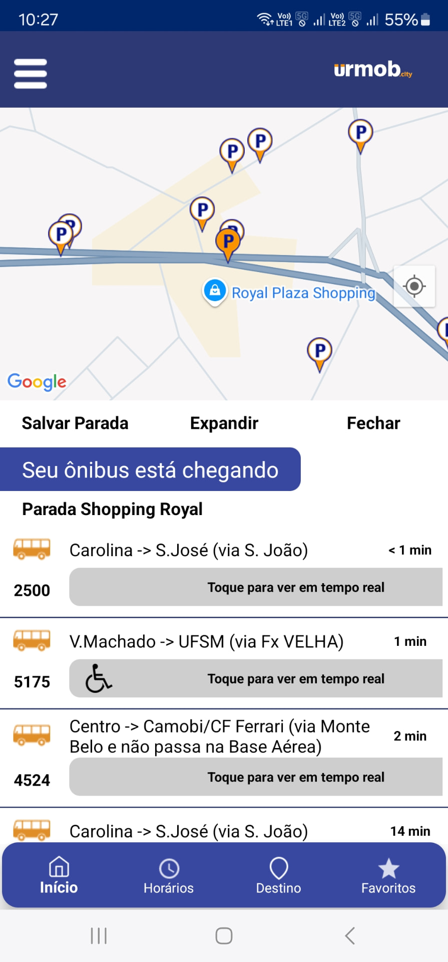 App Urmob mostrando paradas próximas no mapa e previsão de chegada dos ônibus